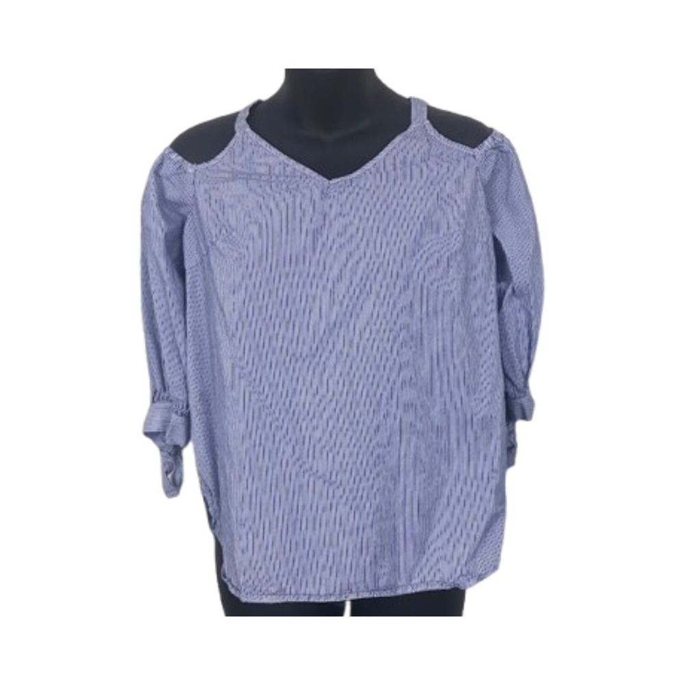 Soprano‎ Striped Cold Shoulder Blouse Womens Top 3/4 Sleeve V Neck Size S